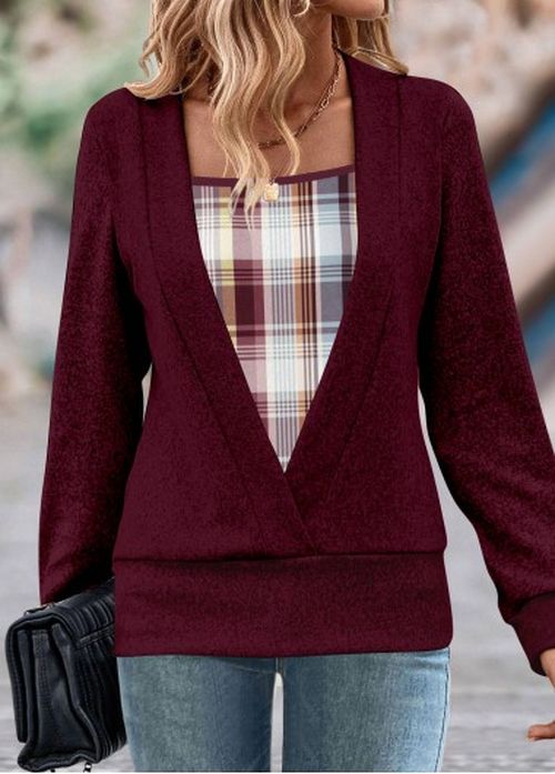 Modlily Wine Red Fake 2in1 Plaid Long Sleeve Sweatshirt