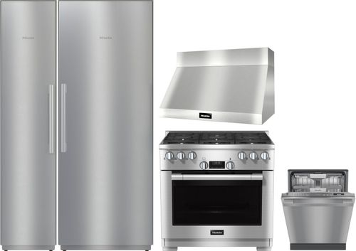 Miele 5 Piece Kitchen Appliances Package with Column Refrigerator, Gas Range and Dishwasher in Stainless Steel MIREFRRADWRH122