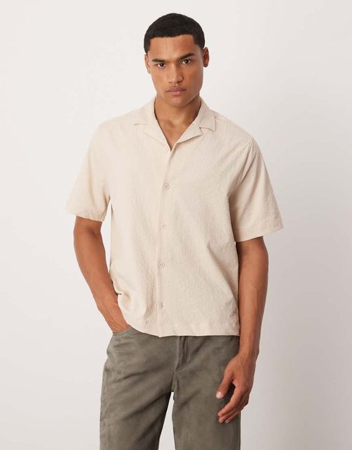 Boxy revere seersucker shirt in stone-Neutral