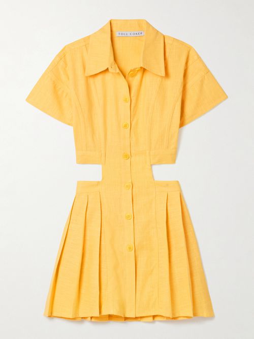 Cutout Pleated Ramie Mini Shirt Dress - Yellow