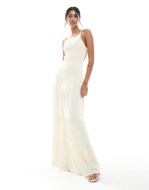 Smocked drop waist maxi dress in ivory-White