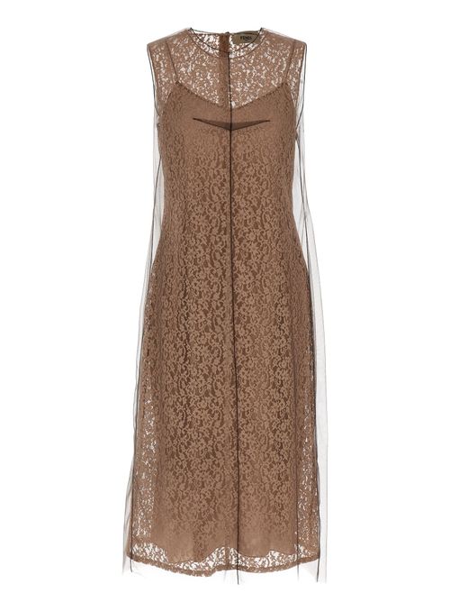 Floral Lace Midi Dress — Beige