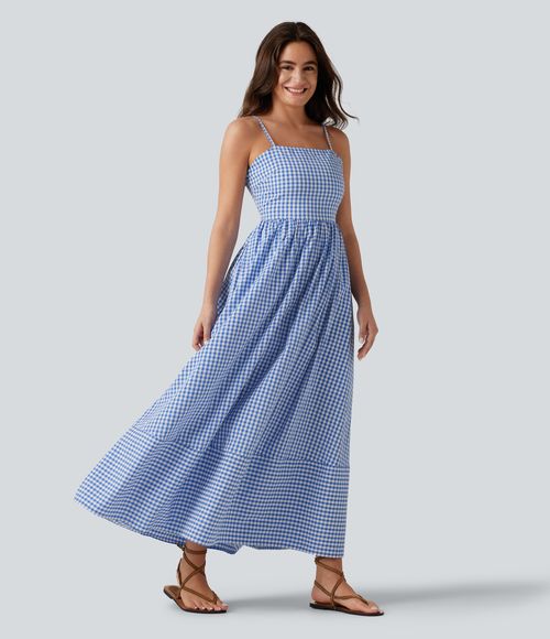 Invisible Zipper Gingham Flowy Maxi Casual Slip Dress with Pockets Casual Dress - Blue White Bubble Grid