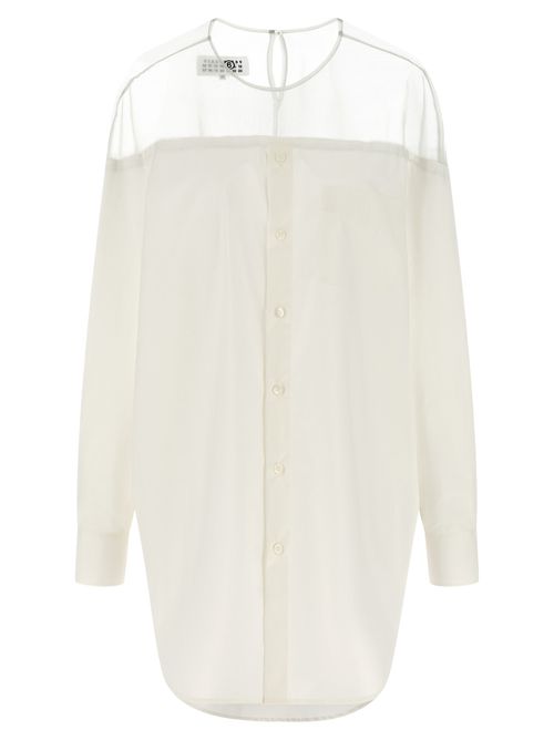 Semi-Transparent Tulle Insert Blouse — White