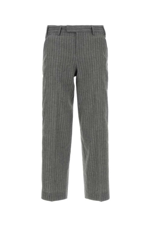 Pinstriped Linen-Cotton Trousers — Gray