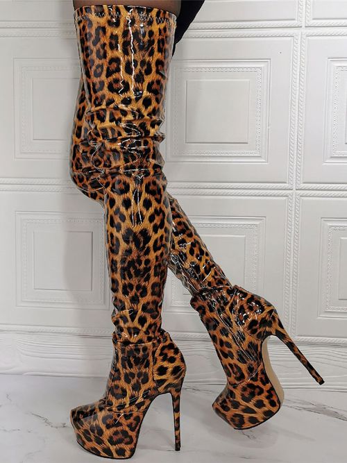 Women's Animal Print Platform Thigh High Heel Boot