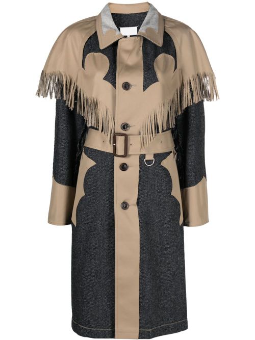 Fringed panelled single-breasted coat - Neutrals