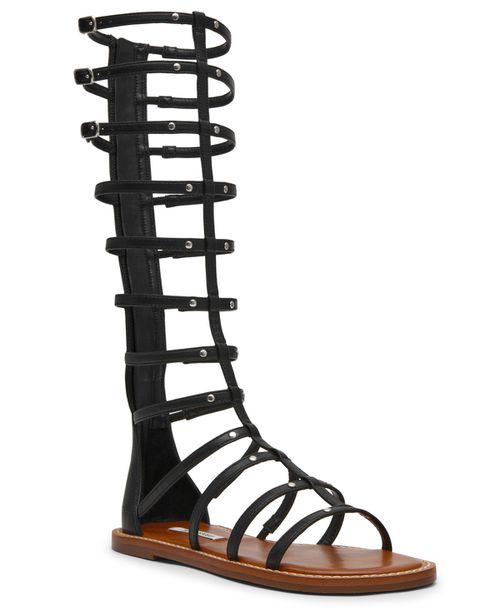Women's Gladius Knee-High Strappy Flat Round Toe Gladiator Sandals - Black