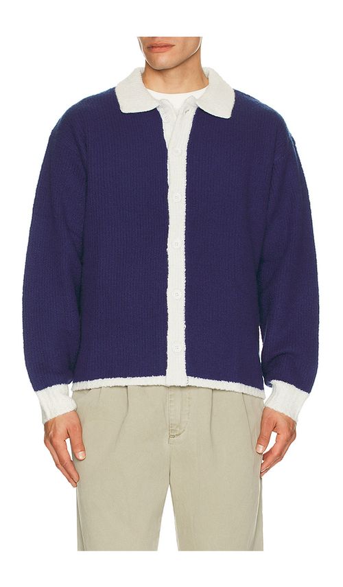 Bound Oxford Wool Button Up Knit Shirt in Blue. S. Also in L, M, XL/1X