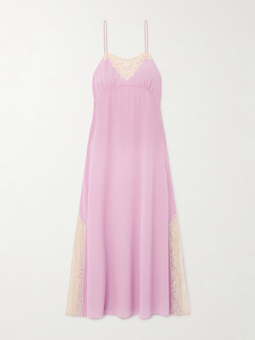 Lace-trimmed Silk Crepe De Chine Midi Dress - Purple
