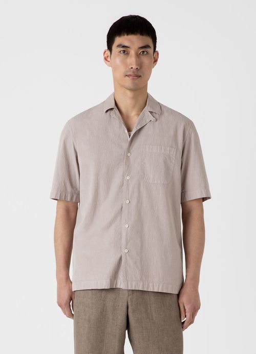 Men's Seersucker Camp Collar Shirt in Light Sand 
