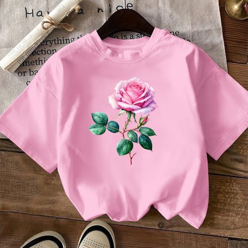 TEMU Women's Casual Short Sleeve Round Neck T-shirt - Vibrant Pink Rose Floral Print On White, Breathable & Machine Washable, Spring Summer Essentia