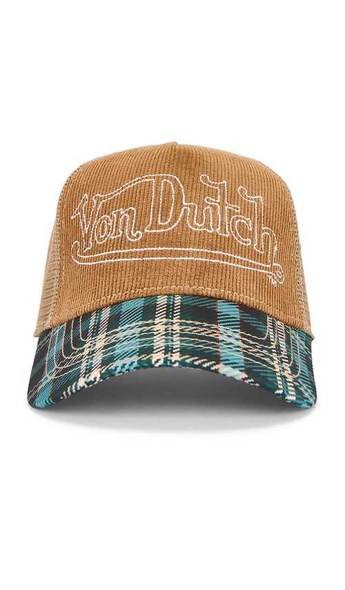 Von Dutch Plaid Cord Trucker Hat in Brown