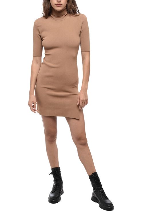 Beige Mock Collar Mini Dress