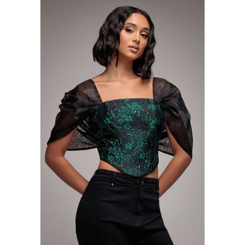 Goddiva Off Shoulder Jacquard Top With Organza Wings - Emerald Black