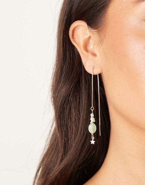 Mis-match hoop and pull-up earrings with green tone faux stones in gold tone