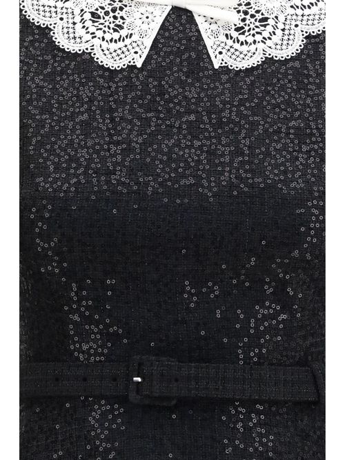 Sequin Bouclé with Lace Collar Mini Dress — Black