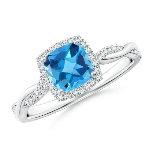 Angara 1.1 Carats Twisted Shank Cushion Swiss Blue Topaz Halo Engagement Ring in Platinum