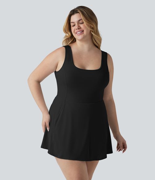 Plus Size SoftlyZero™ Airy U Neck Built-in Bra 2-in-1 Cool Touch Mini Yoga Active Dress with Pockets-Easy Peezy Edition Workout Dress - Black