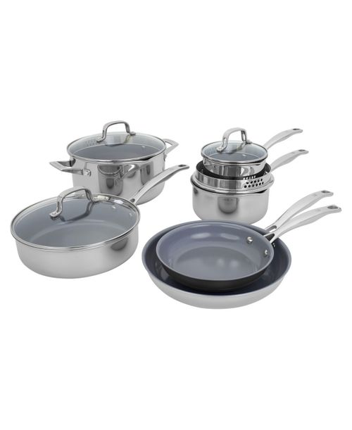 Clad H3 Ceramic Nonstick 10-Piece Stainless Steel Ceramic Nonstick Cookware Set - Stainless Steel