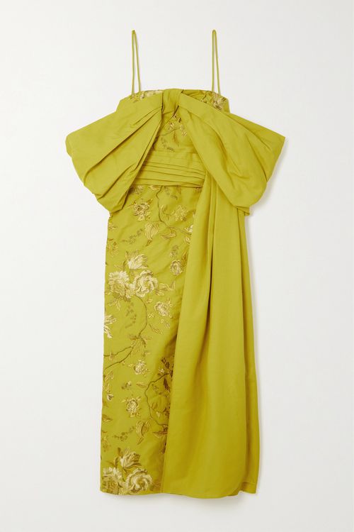 Evora Draped Taffeta And Embroidered Cotton-faille Dress - Yellow