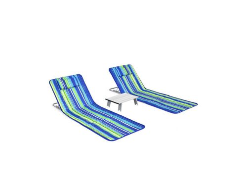 3 Pieces Beach Lounge Chair Mat Set 2 Adjustable Lounge Chairs with Table - Stripe