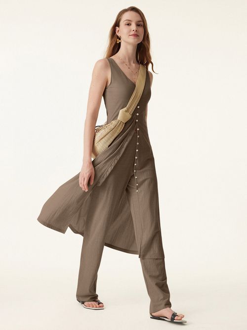 2Pcs Set V-neck Button Front Midi Vest Dress & Mid Rise Straight Leg Pant - Jara / XS