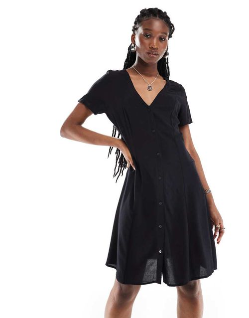 Monki | Monki button through mini dress with v neck in black | Realry