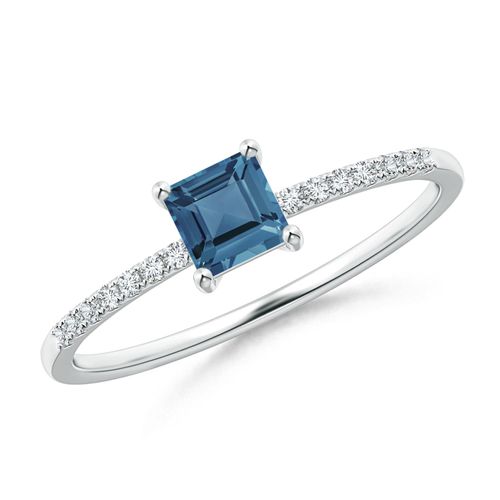Angara 0.44 Carat Square London Blue Topaz Ring with Diamond Studded Shank in Platinum
