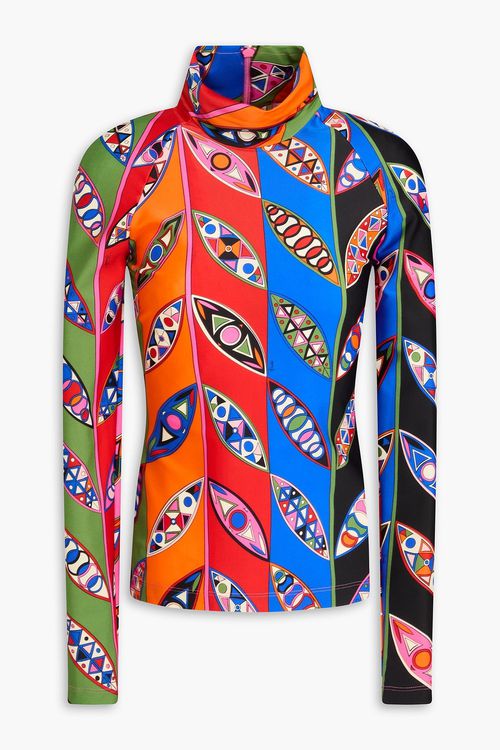 Printed stretch-jersey turtleneck top - Red - XS