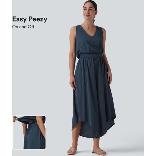 Halara V Neck Flowy Waffle Casual Jumpsuit with Pockets-Easy Peezy Edition - Charm Ink Blue - XLregular