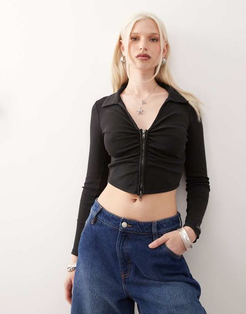 Long sleeve ribbed sweater in charcoal-Black