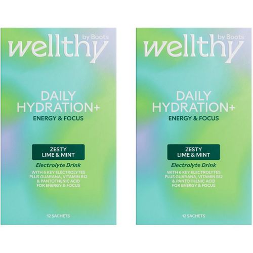 Boots Wellthy By Daily Hydration+ Electrolyte Powder, Lime & Mint Flavour, Energy And Focus 24X Sachet