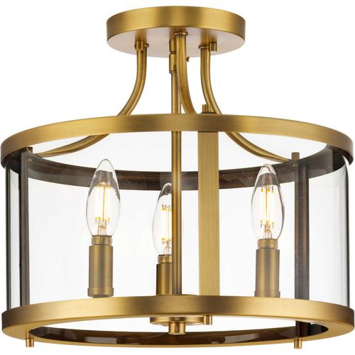 Vintage Brass Three Light Semi Flush Mount from the Gilliam Collection