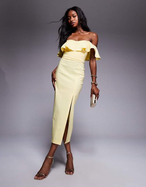 Bengaline frill bardot side split midi dress in lemon-Yellow