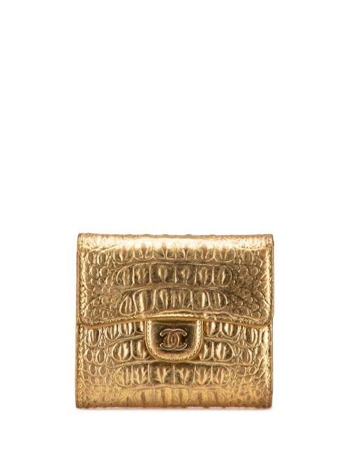 2019 CC Metallic Calfskin Crocodile Embossed Compact Flap Wallet small wallets - Gold