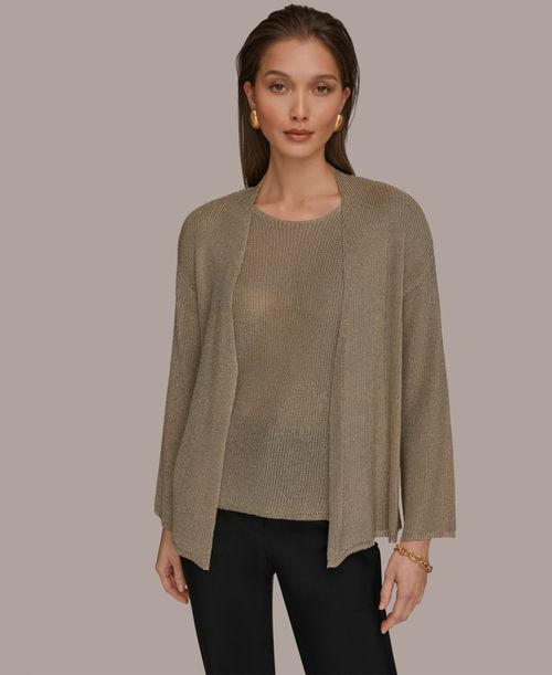 Women's Metallic V-Neck Long-Sleeve Cardigan - Tan/Beige