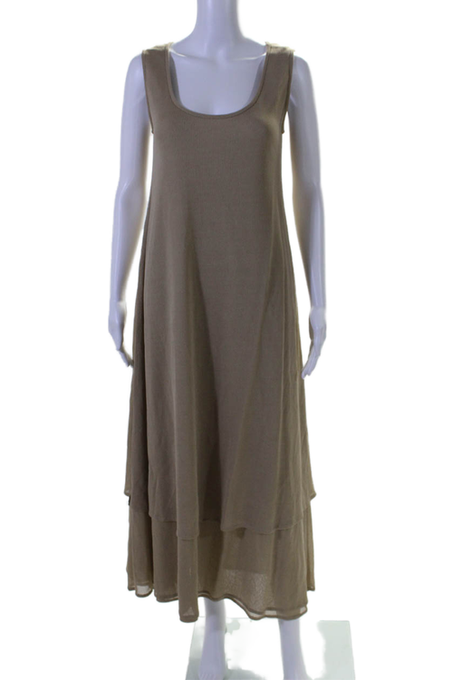 Womens Layered Round Neck Sleeveless Maxi Dress Beige