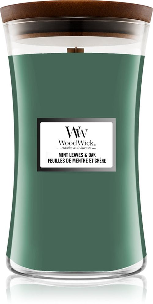 Woodwick Mint Leaves & Oak candela profumata con stoppino in legno 609,5 g