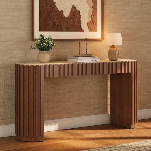 Aura 60" Ash Wood Fluted Walnut Console Table With Sintered Stone Top