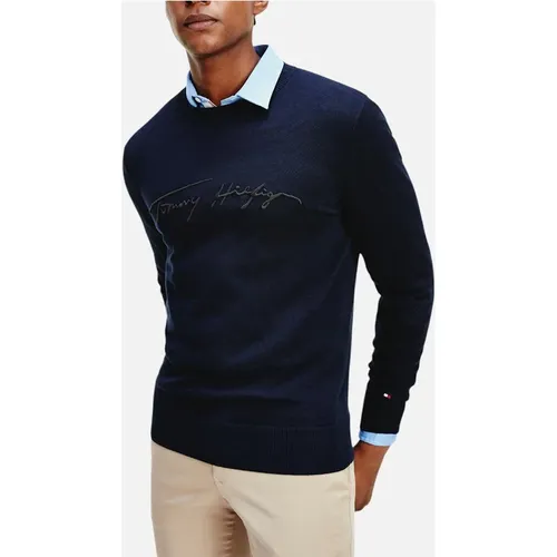 Men's TOMMY HILFIGER Mens Sweatshirt Signature Embossed Logo Fleece Pullover Crew Neck - Blue - Size: 44/Regular