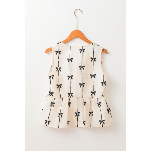 White Bow Printed Tie Closure Ruffled Vest Women Tank Tops