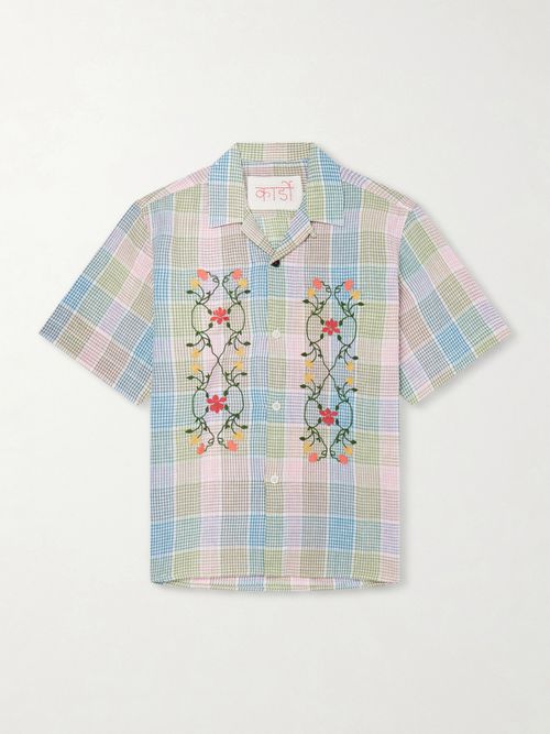 Ronen Camp-Collar Floral-Embroidered Checked Cotton and Linen-Blend Shirt