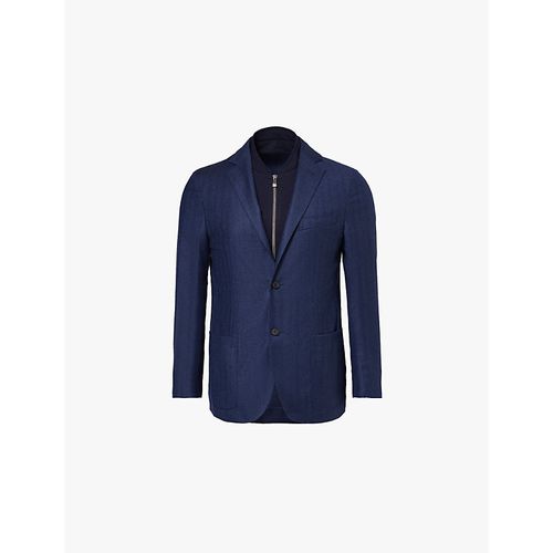 Mens Blue Herringbone Single-breasted Brushed Wool Blazer