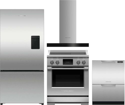 Fisher & Paykel 4 Piece Kitchen Appliances Package with Bottom Freezer Refrigerator, Induction Range and Dishwasher in Stainless Steel FPRERARHDW