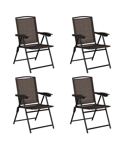 4 Pieces Folding Dining Chairs with Steel Armrests and Sling Back - Brown
