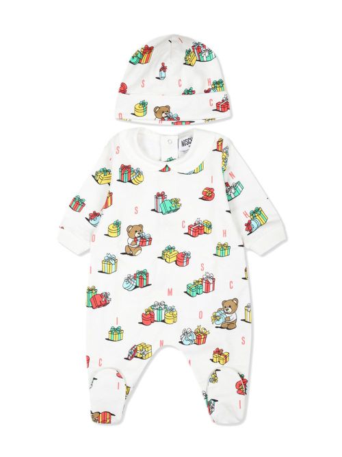 Teddy Bear-print babygrow set - White