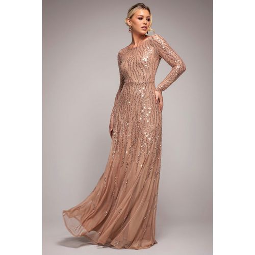 Ombre Sequin Beaded Flared Long Sleeve Maxi Dress - Champagne by Goddiva