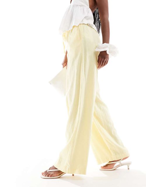 Haven wide leg linen look pants in lemon icing-Yellow