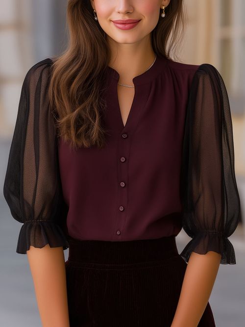 Sheer Puff Sleeve Button-Up Blouse - Burgundy